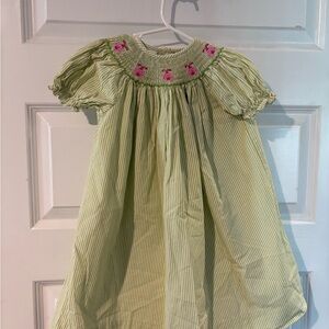 Green Striped Kids Smocked Dress with Pink ladybug Embroidery